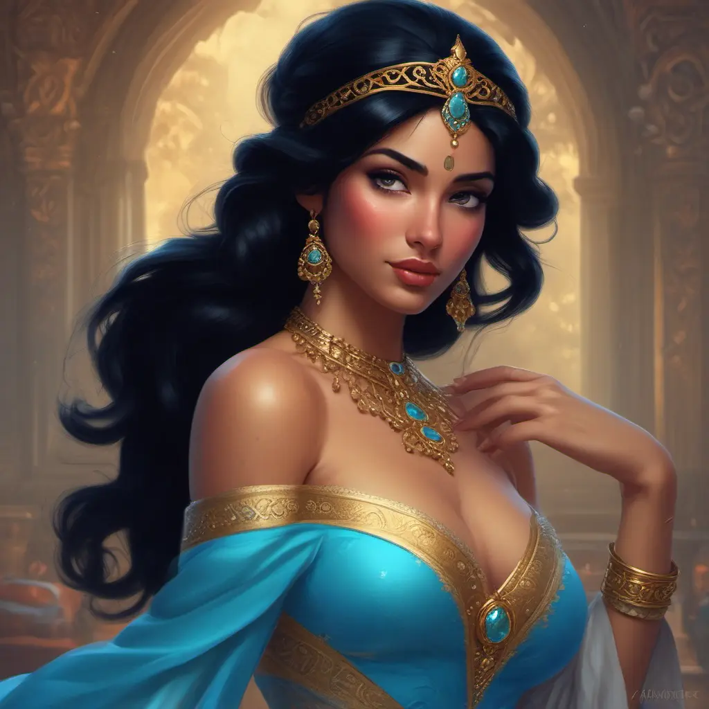 Alluring matte portrait of Princess Jasmine, 4k, 4k resolution, 8k, HD, High Definition, High Resolution, Highly Detailed, HQ, Hyper Detailed, Intricate Artwork, Ultra Detailed, Digital Painting, Matte Painting, Realistic, Sharp Focus, Dim light, Fantasy by Stanley Artgerm Lau