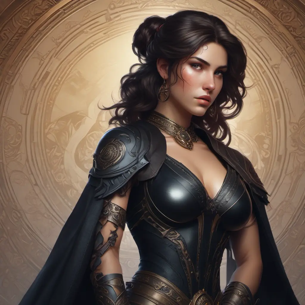 Alluring matte portrait of a beautiful Kassandra wearing black leather, 8k, Highly Detailed, Intricate, Half Body, Realistic, Sharp Focus, Volumetric Lighting, Fantasy, Elegant by Stanley Artgerm Lau, Alphonse Mucha, WLOP