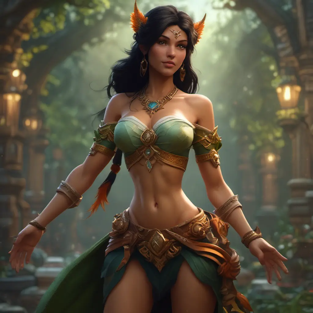 Nidalee from League of Legends, 8k, Highly Detailed, Alluring, Photo Realistic, Sharp Focus, Octane Render, Unreal Engine, Volumetric Lighting by Alphonse Mucha