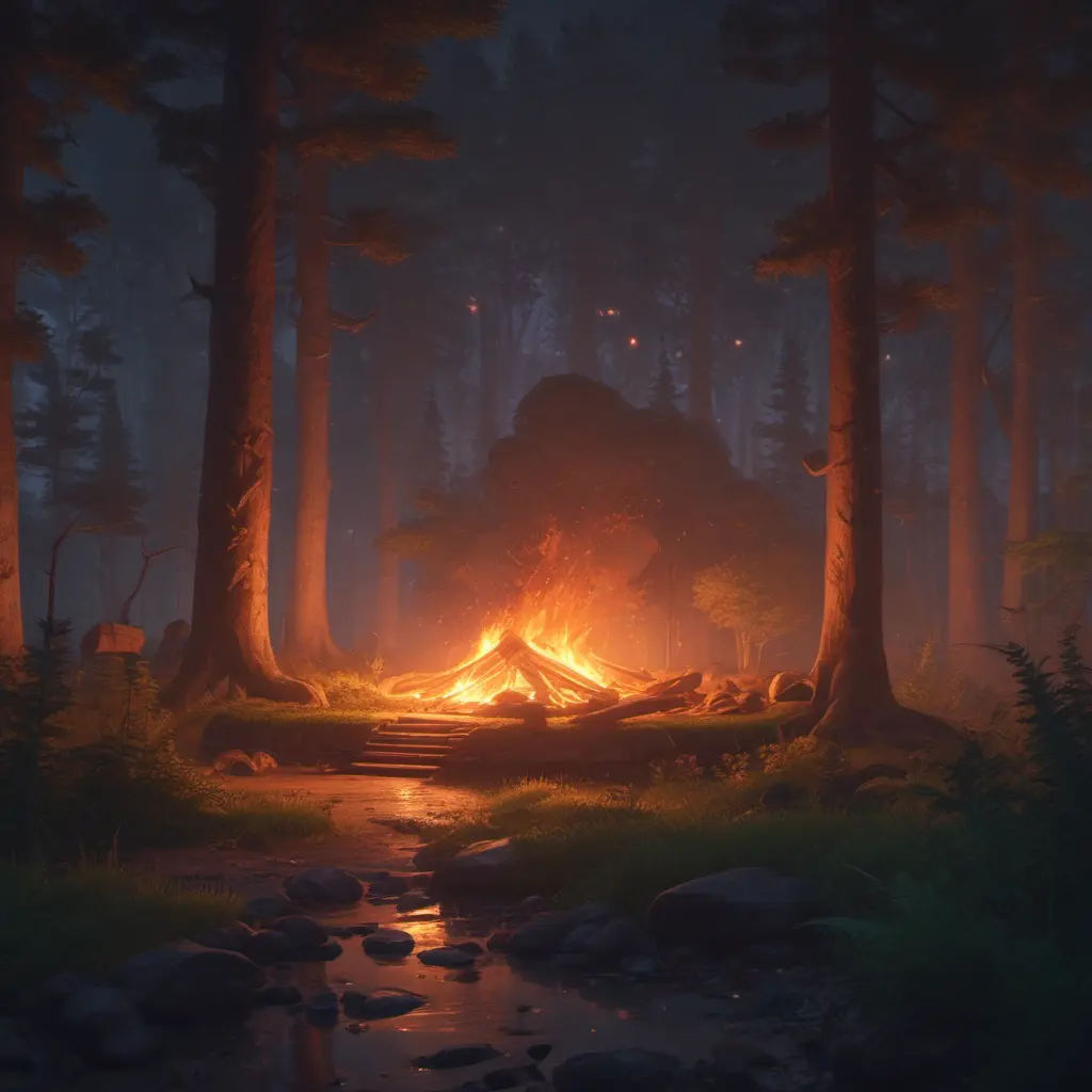 A highly detailed matte painting of a camp fire in the forest at night by studio ghibli, 4k resolution, Masterpiece, Trending on Artstation, Cyberpunk, Octane Render, Volumetric Lighting by Stanley Artgerm Lau, Greg Rutkowski, Makoto Shinkai, WLOP