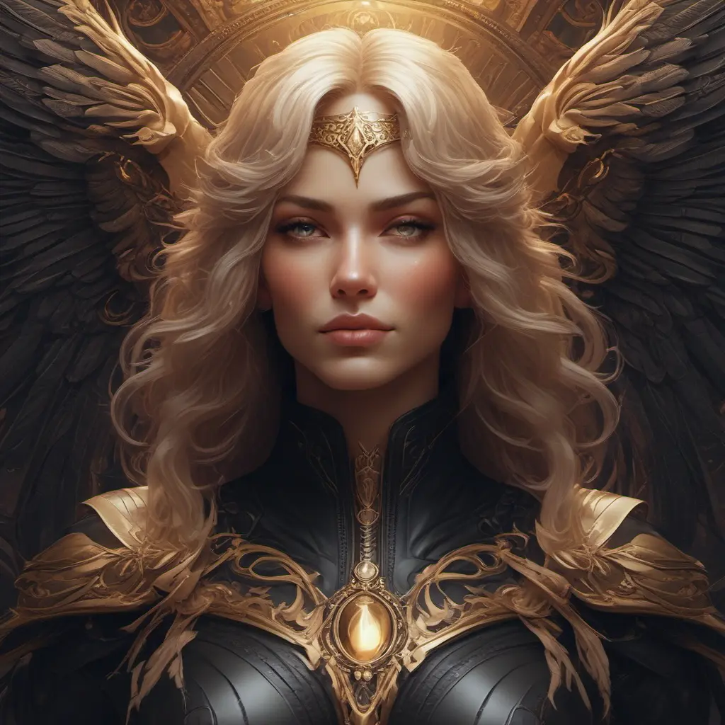 Alluring matte portrait of a beautiful Kayle wearing black leather, 8k, Highly Detailed, Intricate, Half Body, Realistic, Sharp Focus, Volumetric Lighting, Fantasy, Elegant by Stanley Artgerm Lau, Alphonse Mucha, WLOP