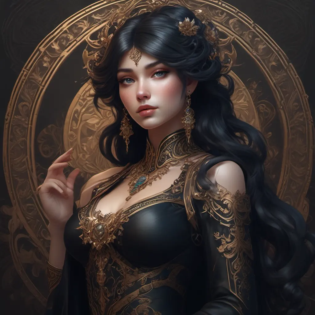 Alluring matte portrait of a beautiful Sona in black, 8k, Highly Detailed, Intricate, Half Body, Realistic, Sharp Focus, Volumetric Lighting, Fantasy, Elegant by Stanley Artgerm Lau, Alphonse Mucha, WLOP