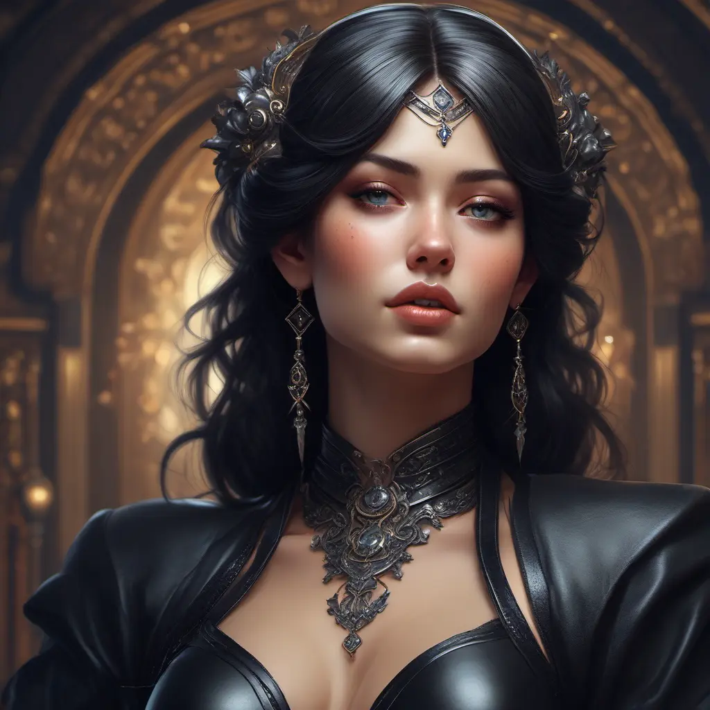 Alluring matte portrait of a beautiful Sona wearing black leather, 8k, Highly Detailed, Intricate, Half Body, Realistic, Sharp Focus, Volumetric Lighting, Fantasy, Elegant by Stanley Artgerm Lau, Alphonse Mucha, WLOP