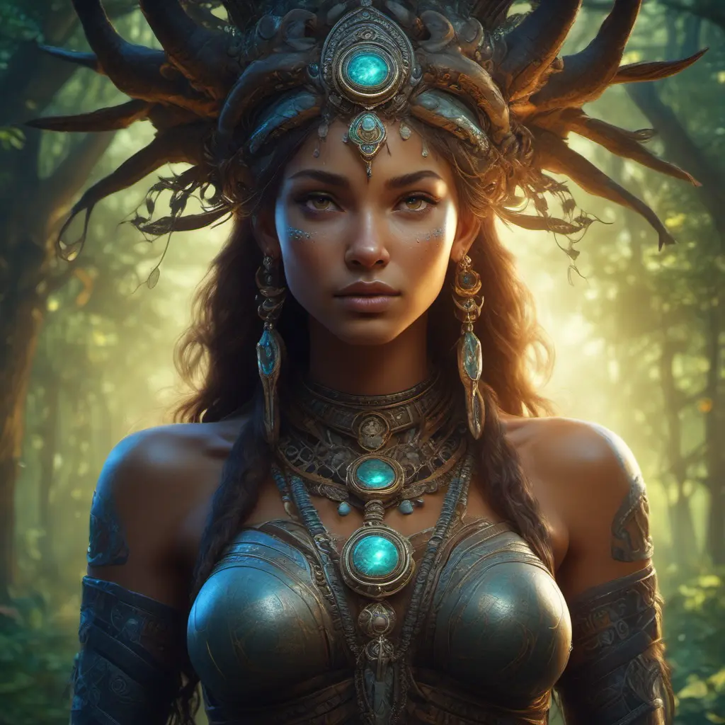 Closeup of a beautiful tribal goddess in a magical forest, 4k, Highly Detailed, Masterpiece, Pretty Face, Digital Illustration, Cinematic Lighting, Realistic, Sharp Focus, Centered, Beautifully Lit, Bioluminescent by Stanley Artgerm Lau