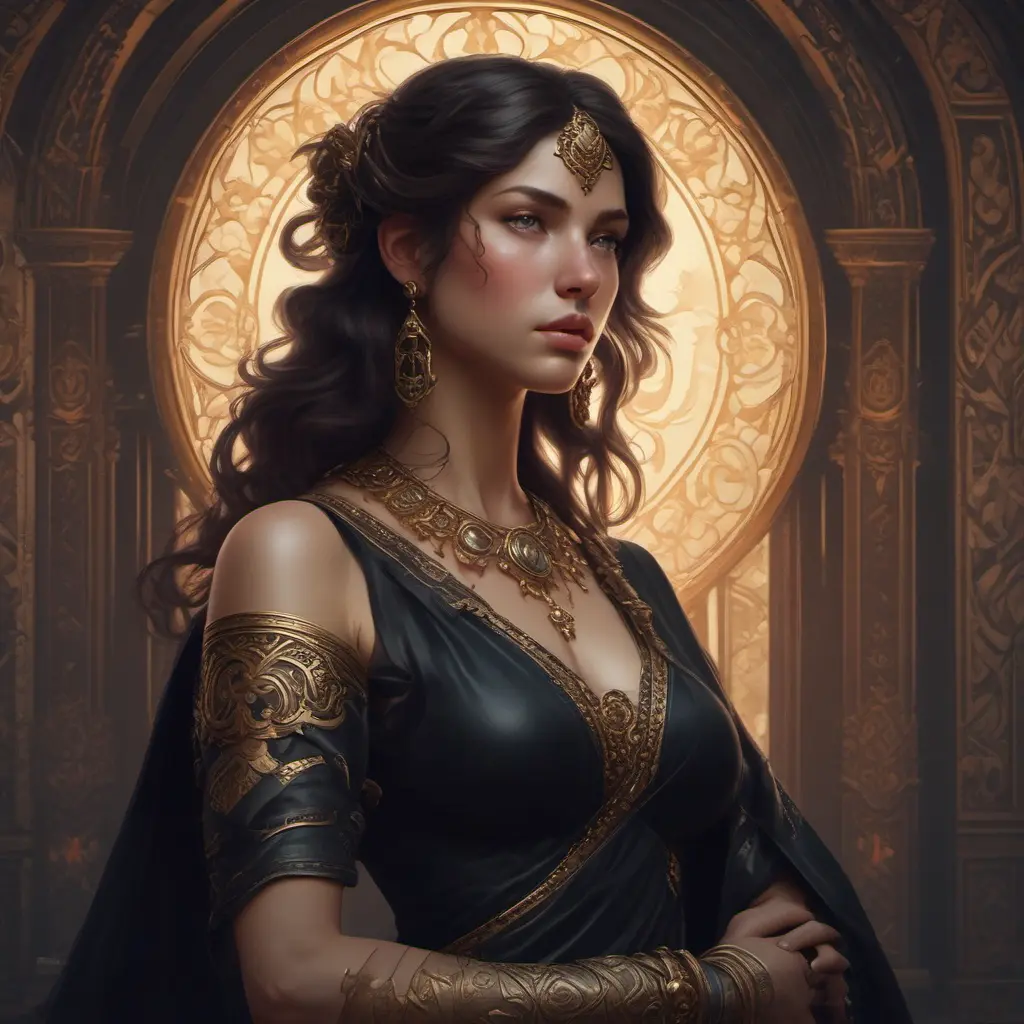 Alluring matte portrait of a beautiful Kassandra in black, 8k, Highly Detailed, Intricate, Half Body, Realistic, Sharp Focus, Volumetric Lighting, Fantasy, Elegant by Stanley Artgerm Lau, Alphonse Mucha, WLOP, Stefan Kostic