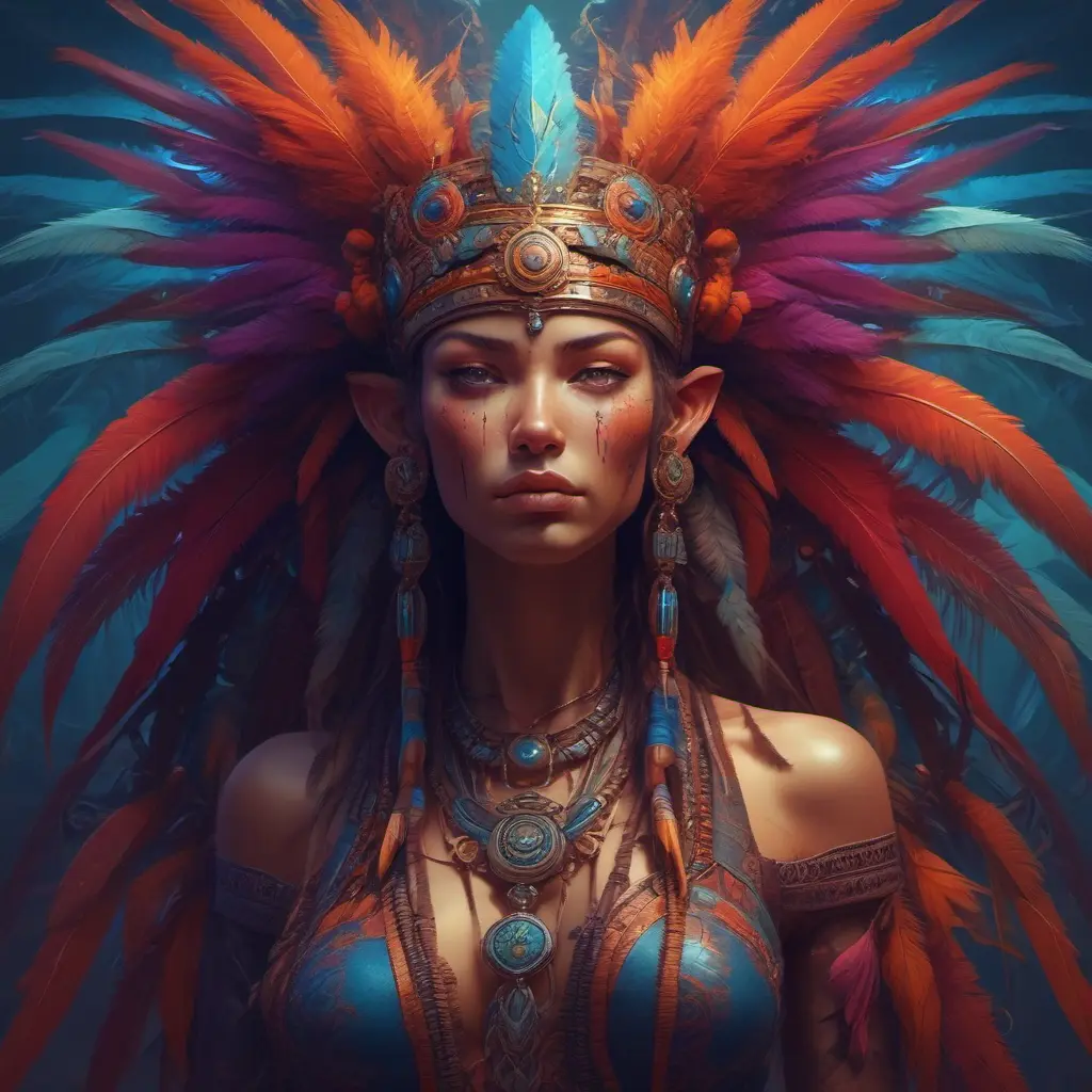 Visionary painting of a mystical tribal goddess surrounded by vibrant feathers, 8k, Highly Detailed, Intricate, Artstation, Matte Painting, Sharp Focus, Volumetric Lighting, Concept Art by Stanley Artgerm Lau, Greg Rutkowski