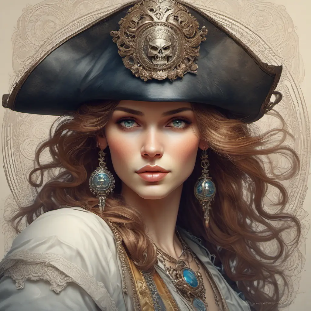 Alluring matte portrait of a beautiful female Pirate, 8k, Highly Detailed, Intricate, Half Body, Realistic, Sharp Focus, Volumetric Lighting, Fantasy, Elegant by Alphonse Mucha