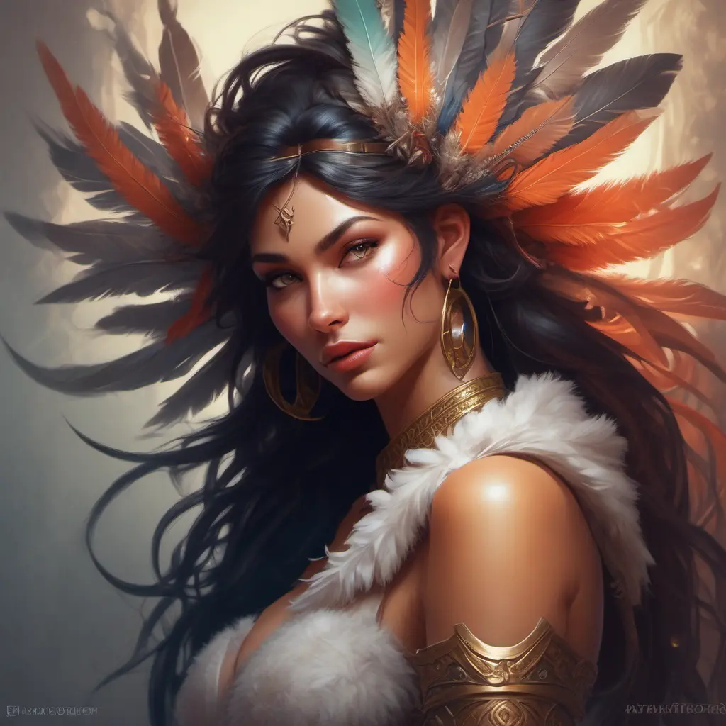 Alluring matte portrait of a beautiful Nidalee wearing feathers, 8k, Highly Detailed, Intricate, Half Body, Realistic, Sharp Focus, Volumetric Lighting, Fantasy, Elegant by Stanley Artgerm Lau, Alphonse Mucha, WLOP