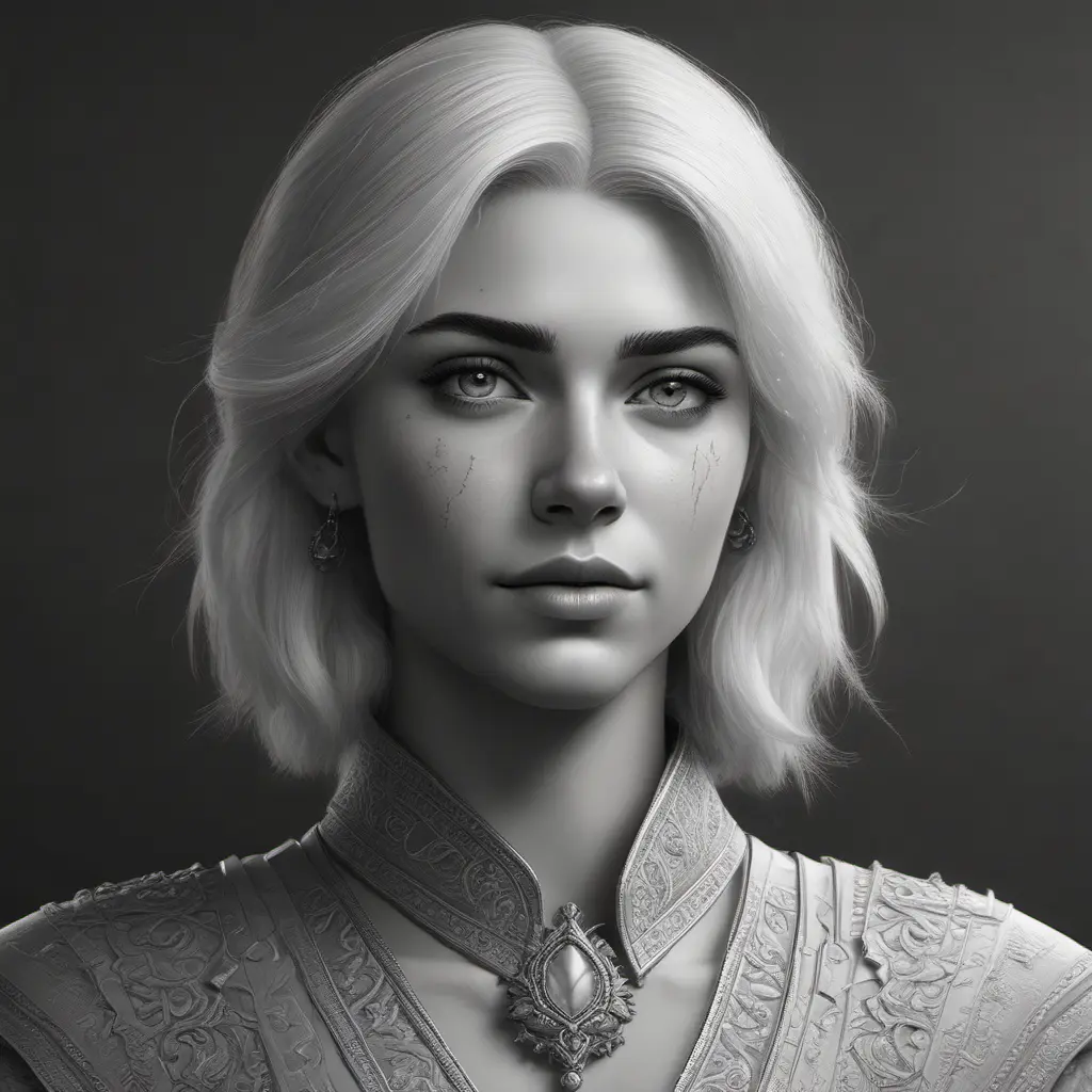 Black & White portrait of Ciri, Highly Detailed, Intricate, Artstation, Beautiful, Digital Painting, Sharp Focus, Concept Art, Elegant