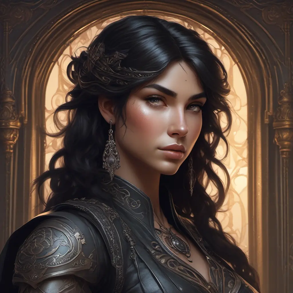 Alluring matte portrait of a beautiful Kassandra wearing black leather, 8k, Highly Detailed, Intricate, Half Body, Realistic, Sharp Focus, Volumetric Lighting, Fantasy, Elegant by Stanley Artgerm Lau, Alphonse Mucha, WLOP