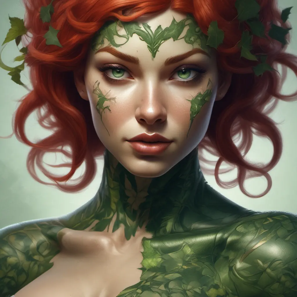 Closeup matte portrait of a tattooed Poison Ivy, symmetrical face, 8k, Highly Detailed, Intricate, Artstation, Matte Painting, Sharp Focus, Concept Art by Stanley Artgerm Lau, Greg Rutkowski