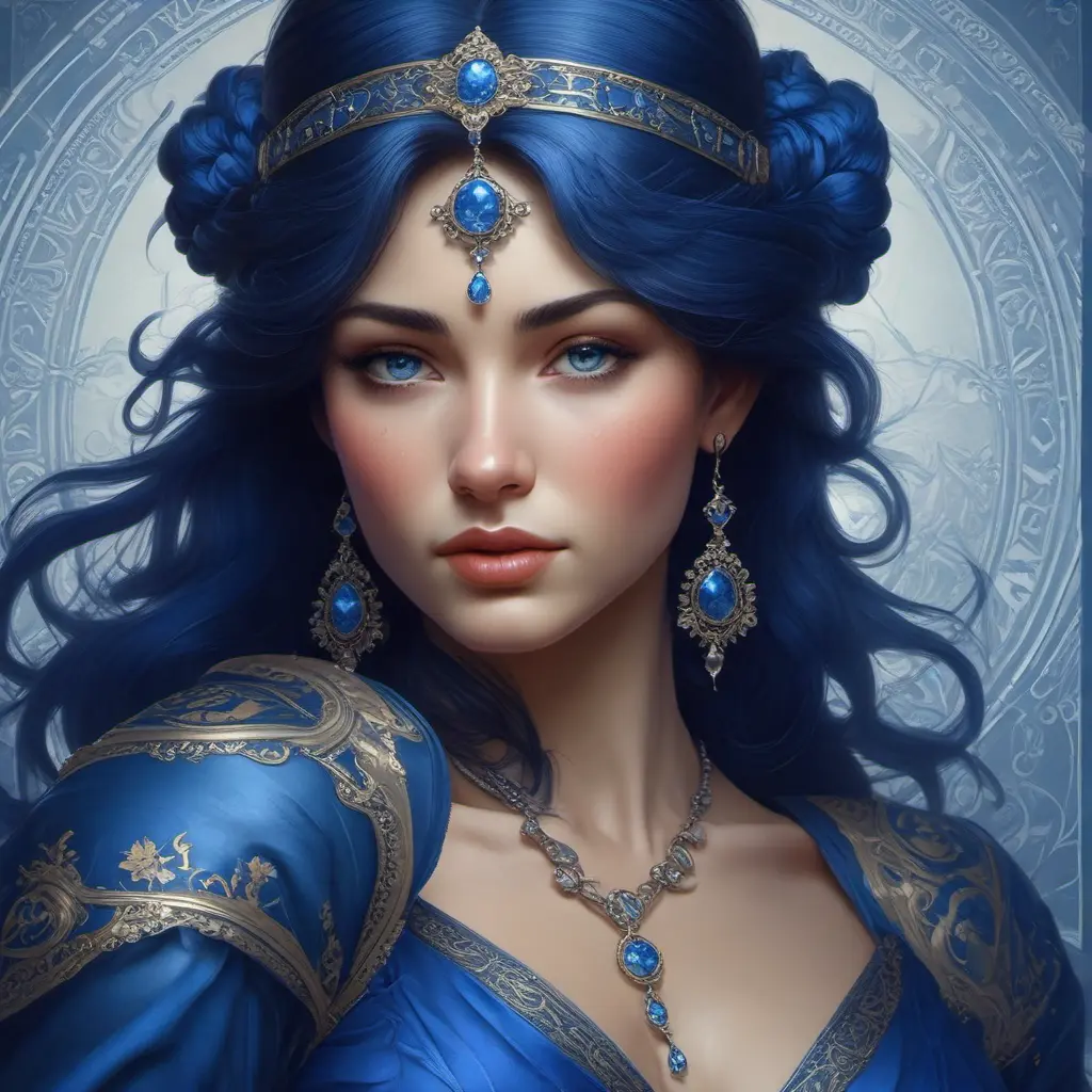 Alluring matte portrait of a beautiful A2 wearing dark blue, 8k, Highly Detailed, Intricate, Half Body, Realistic, Sharp Focus, Volumetric Lighting, Fantasy, Elegant by Stanley Artgerm Lau, Alphonse Mucha, WLOP, Stefan Kostic