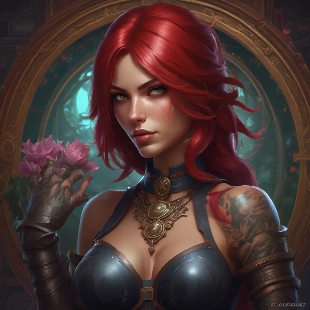 Matte portrait of Katarina from League of Legends with tattoos, 8k, Highly Detailed, Powerful, Alluring, Artstation, Magical, Digital Painting, Photo Realistic, Sharp Focus, Volumetric Lighting, Concept Art by Stanley Artgerm Lau, Alphonse Mucha, Greg Rutkowski