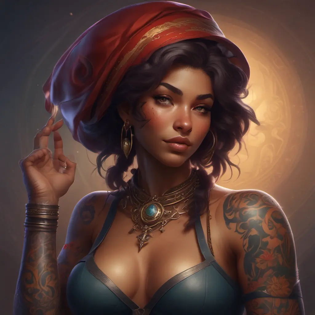 Matte portrait of Samira from League of Legends with tattoos, 8k, Highly Detailed, Powerful, Alluring, Artstation, Magical, Digital Painting, Photo Realistic, Sharp Focus, Volumetric Lighting, Concept Art by Stanley Artgerm Lau, Alphonse Mucha, Greg Rutkowski