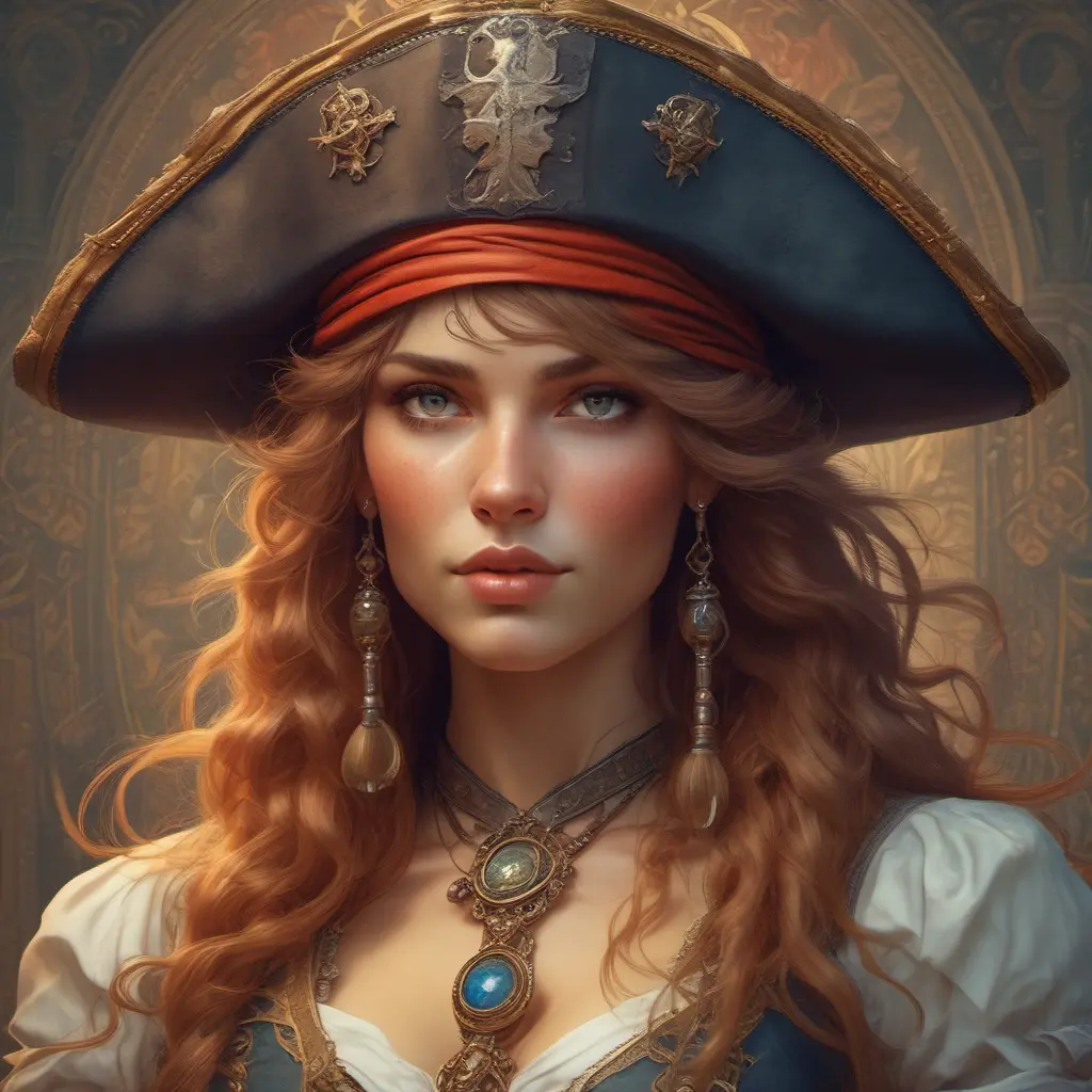 Alluring matte portrait of a beautiful female Pirate, 8k, Highly Detailed, Intricate, Half Body, Realistic, Sharp Focus, Volumetric Lighting, Fantasy, Elegant by Alphonse Mucha