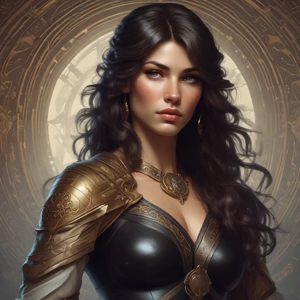 Alluring matte portrait of a beautiful Kassandra wearing black leather, 8k, Highly Detailed, Intricate, Half Body, Realistic, Sharp Focus, Volumetric Lighting, Fantasy, Elegant by Stanley Artgerm Lau, Alphonse Mucha, WLOP