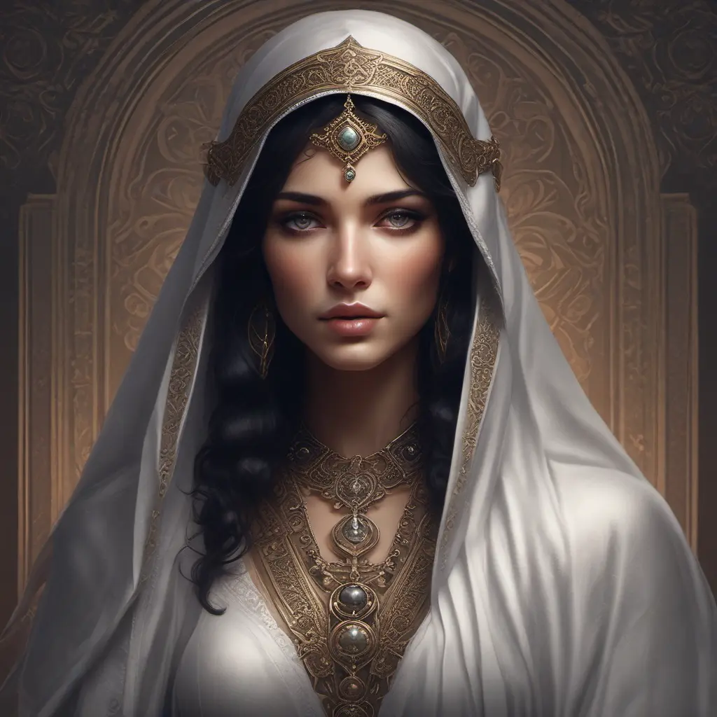 Alluring matte portrait of a beautiful veiled Kassandra wearing a black veil, 8k, Highly Detailed, Intricate, Half Body, Realistic, Sharp Focus, Volumetric Lighting, Fantasy, Elegant by Stanley Artgerm Lau, Alphonse Mucha, WLOP