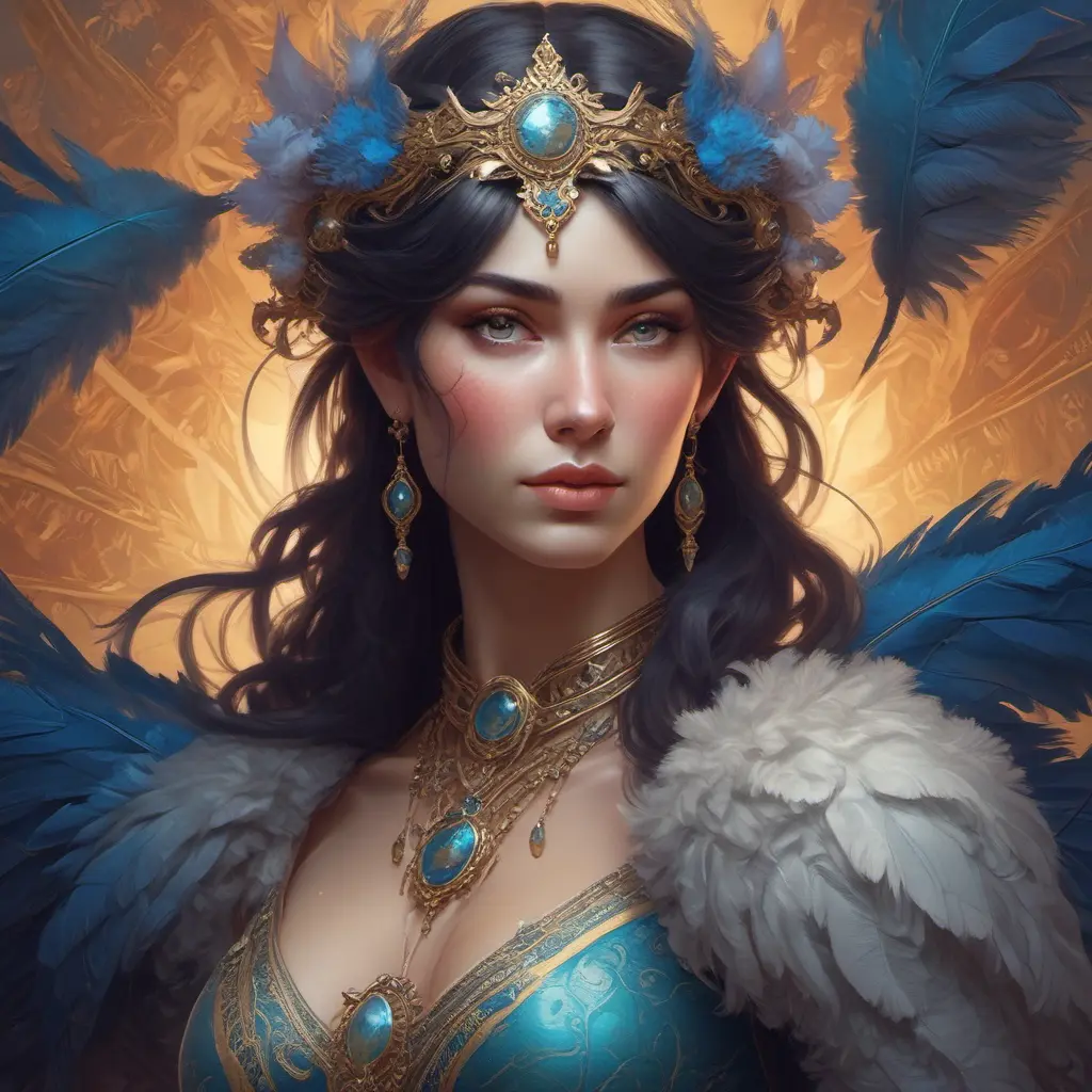 Alluring matte portrait of a beautiful Morgana wearing feathers, 8k, Highly Detailed, Intricate, Half Body, Realistic, Sharp Focus, Volumetric Lighting, Fantasy, Elegant by Stanley Artgerm Lau, Alphonse Mucha, WLOP