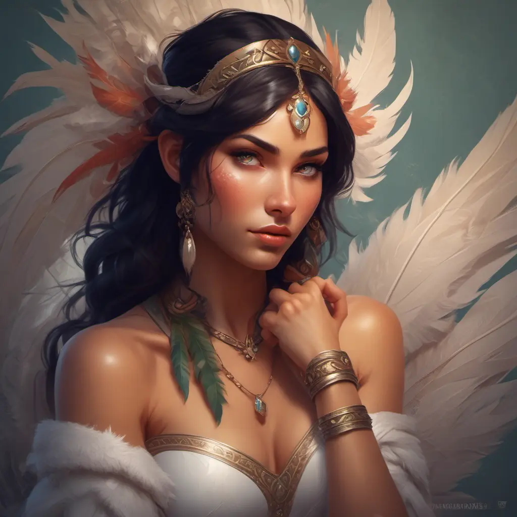 Alluring matte portrait of a beautiful Nidalee wearing feathers, 8k, Highly Detailed, Intricate, Half Body, Realistic, Sharp Focus, Volumetric Lighting, Fantasy, Elegant by Stanley Artgerm Lau, Alphonse Mucha, WLOP