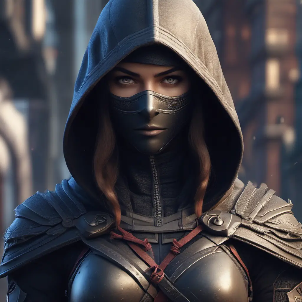 Alluring highly detailed matte portrait of beautiful female ninja wearing Assassin Creed armor in the style of Stefan Kostic, 8k, High Definition, Highly Detailed, Intricate, Half Body, Realistic, Sharp Focus, Fantasy, Elegant