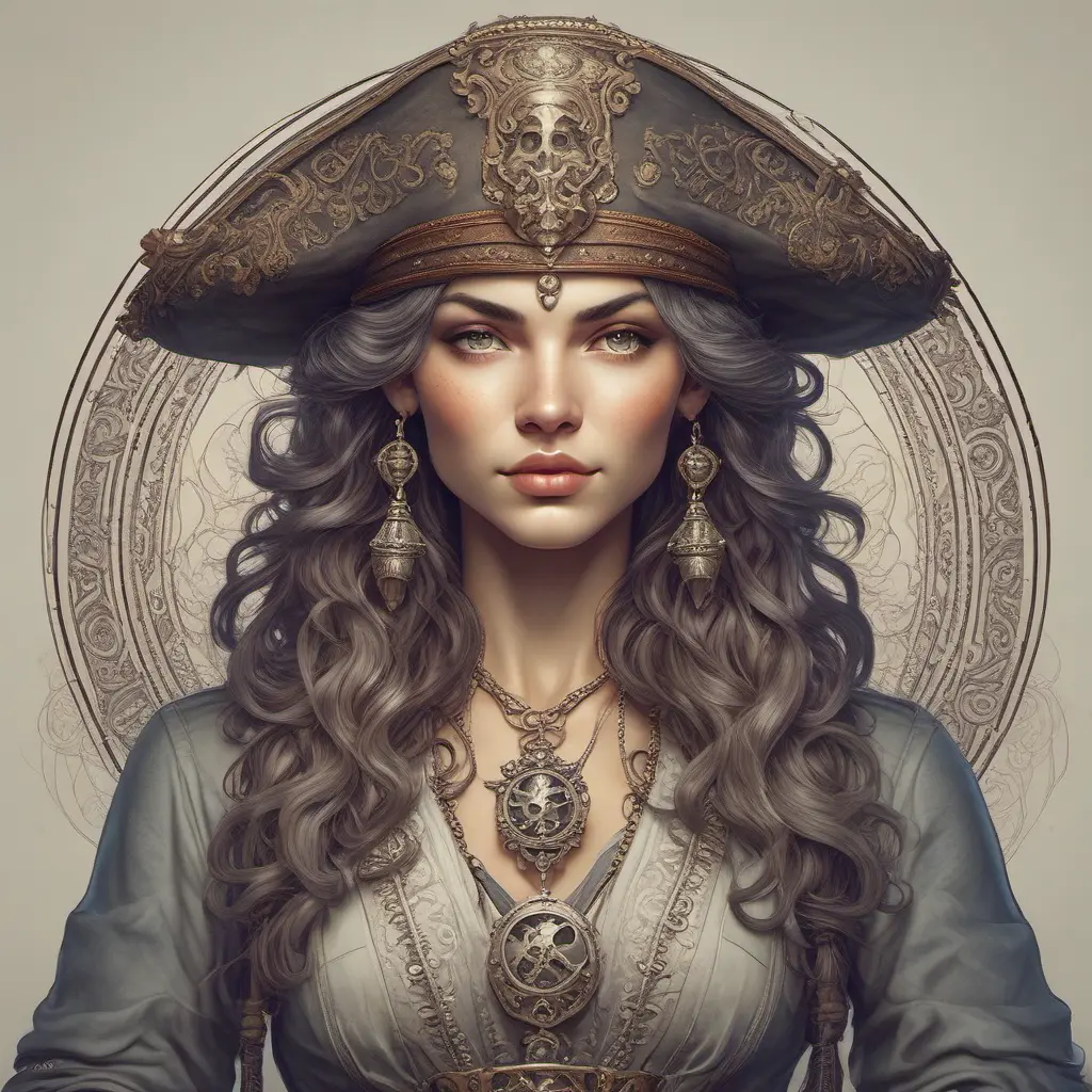 Alluring matte portrait of a beautiful female Pirate, 8k, Highly Detailed, Intricate, Half Body, Realistic, Sharp Focus, Volumetric Lighting, Fantasy, Elegant by Alphonse Mucha