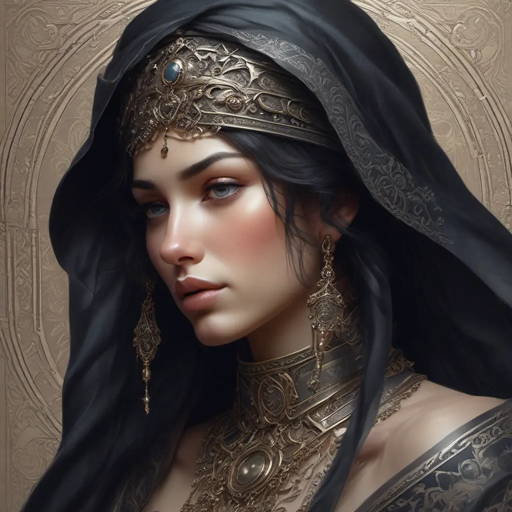 Alluring matte portrait of a beautiful veiled Kassandra wearing a black veil, 8k, Highly Detailed, Intricate, Half Body, Realistic, Sharp Focus, Volumetric Lighting, Fantasy, Elegant by Stanley Artgerm Lau, Alphonse Mucha, WLOP