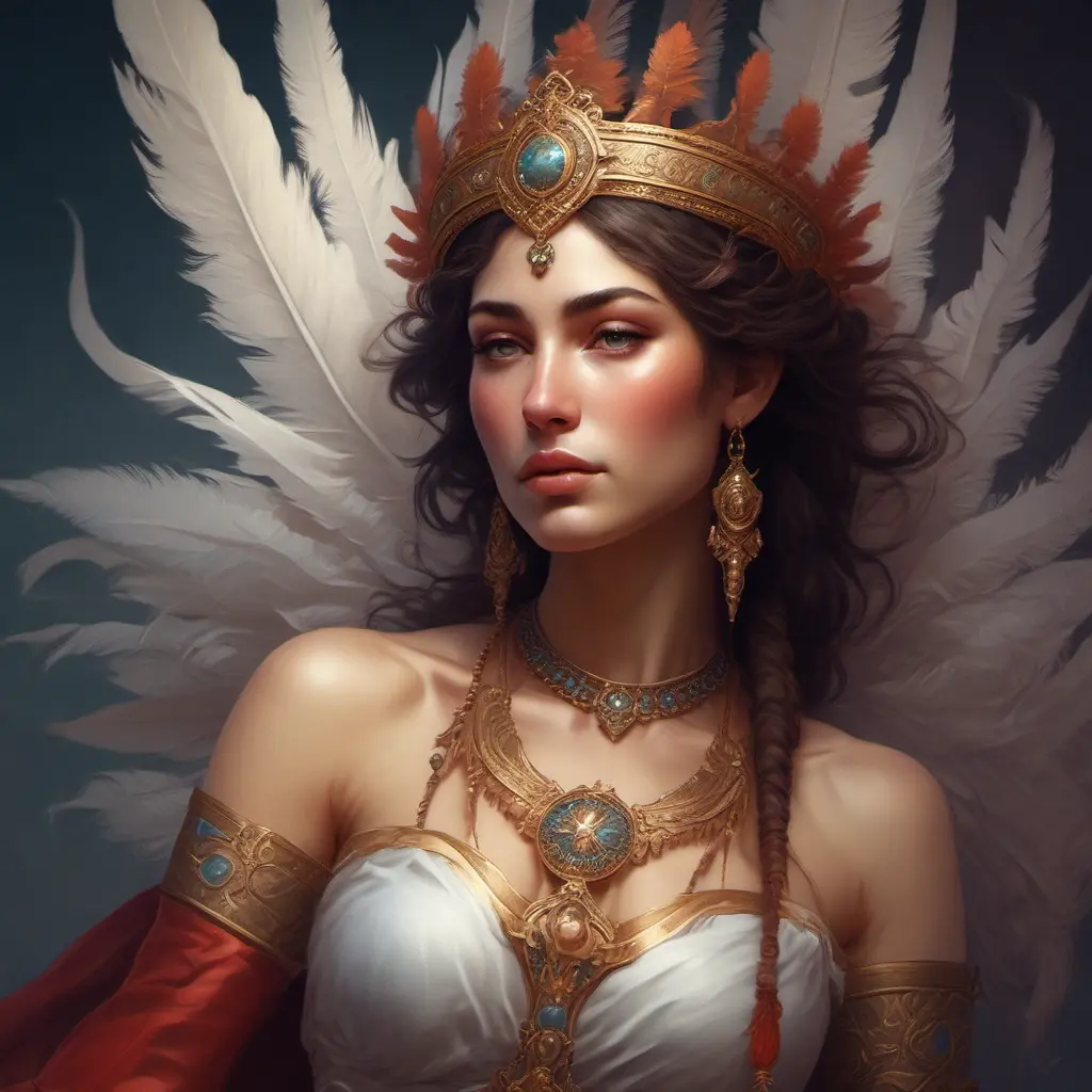 Alluring matte portrait of a beautiful Kassandra wearing feathers, 8k, Highly Detailed, Intricate, Half Body, Realistic, Sharp Focus, Volumetric Lighting, Fantasy, Elegant by Stanley Artgerm Lau, Alphonse Mucha, WLOP