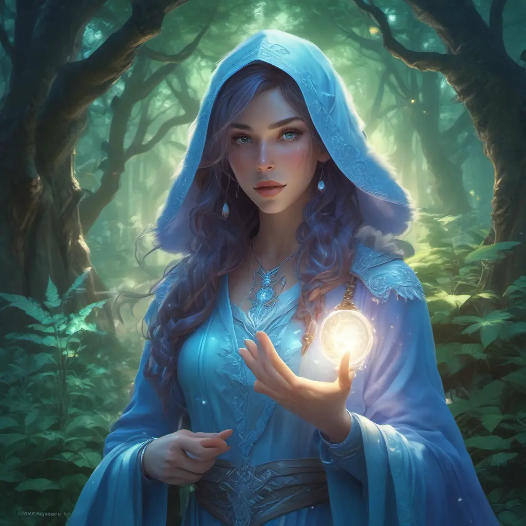 Closeup of a beautiful ice mage in a magical forest, 4k, Highly Detailed, Masterpiece, Pretty Face, Digital Illustration, Cinematic Lighting, Realistic, Sharp Focus, Centered, Beautifully Lit, Bioluminescent by Stanley Artgerm Lau