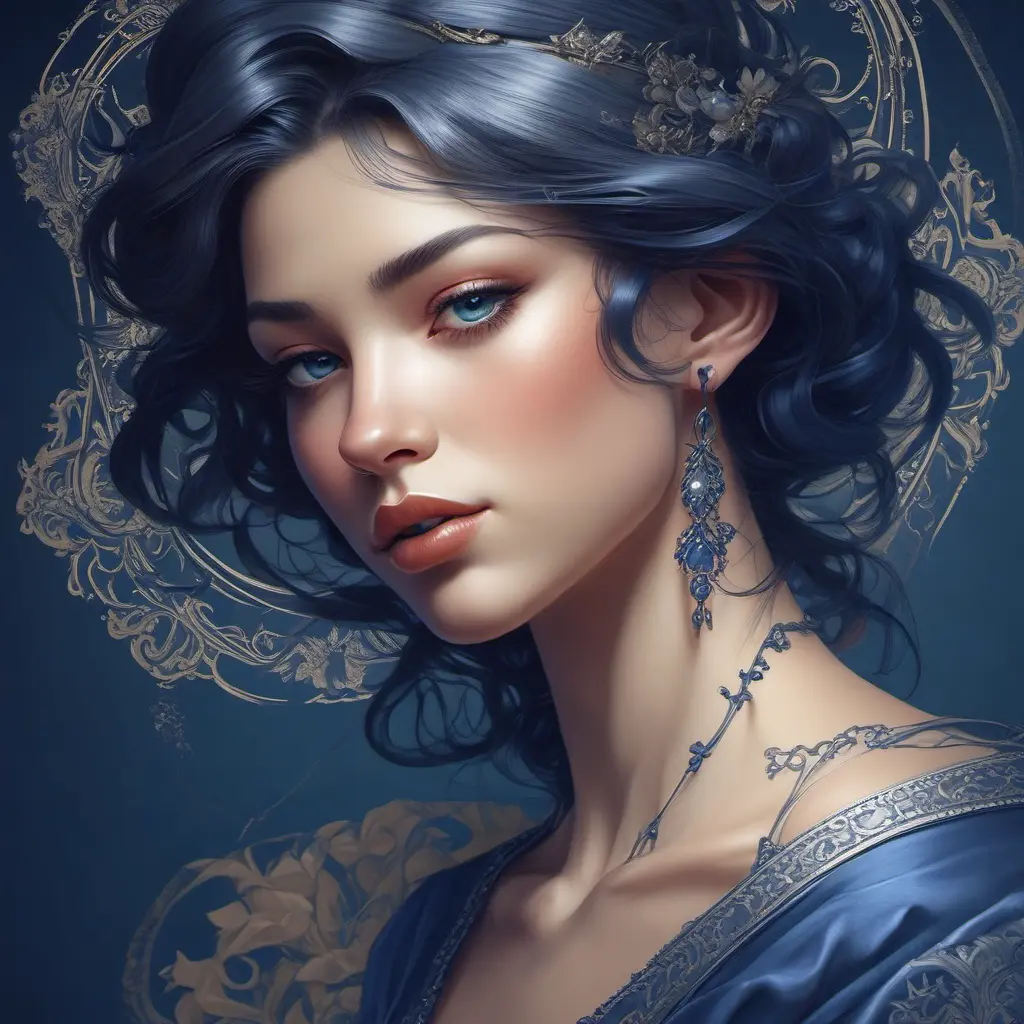 Alluring matte portrait of a beautiful A2 wearing dark blue, 8k, Highly Detailed, Intricate, Half Body, Realistic, Sharp Focus, Volumetric Lighting, Fantasy, Elegant by Stanley Artgerm Lau, Alphonse Mucha, WLOP, Stefan Kostic