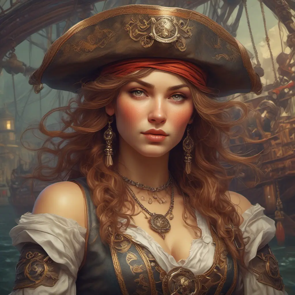 Alluring matte portrait of a beautiful female Pirate, 8k, Highly Detailed, Intricate, Half Body, Realistic, Sharp Focus, Volumetric Lighting, Fantasy, Elegant by Alphonse Mucha