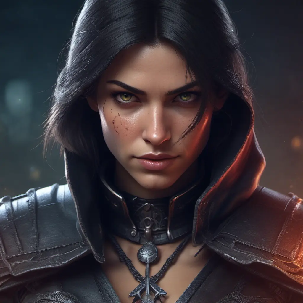 Alluring female rouge assassin in The Witcher 3 Style, 4k, Highly Detailed, Beautiful, Cinematic Lighting, Sharp Focus, Volumetric Lighting, Closeup Portrait, Concept Art