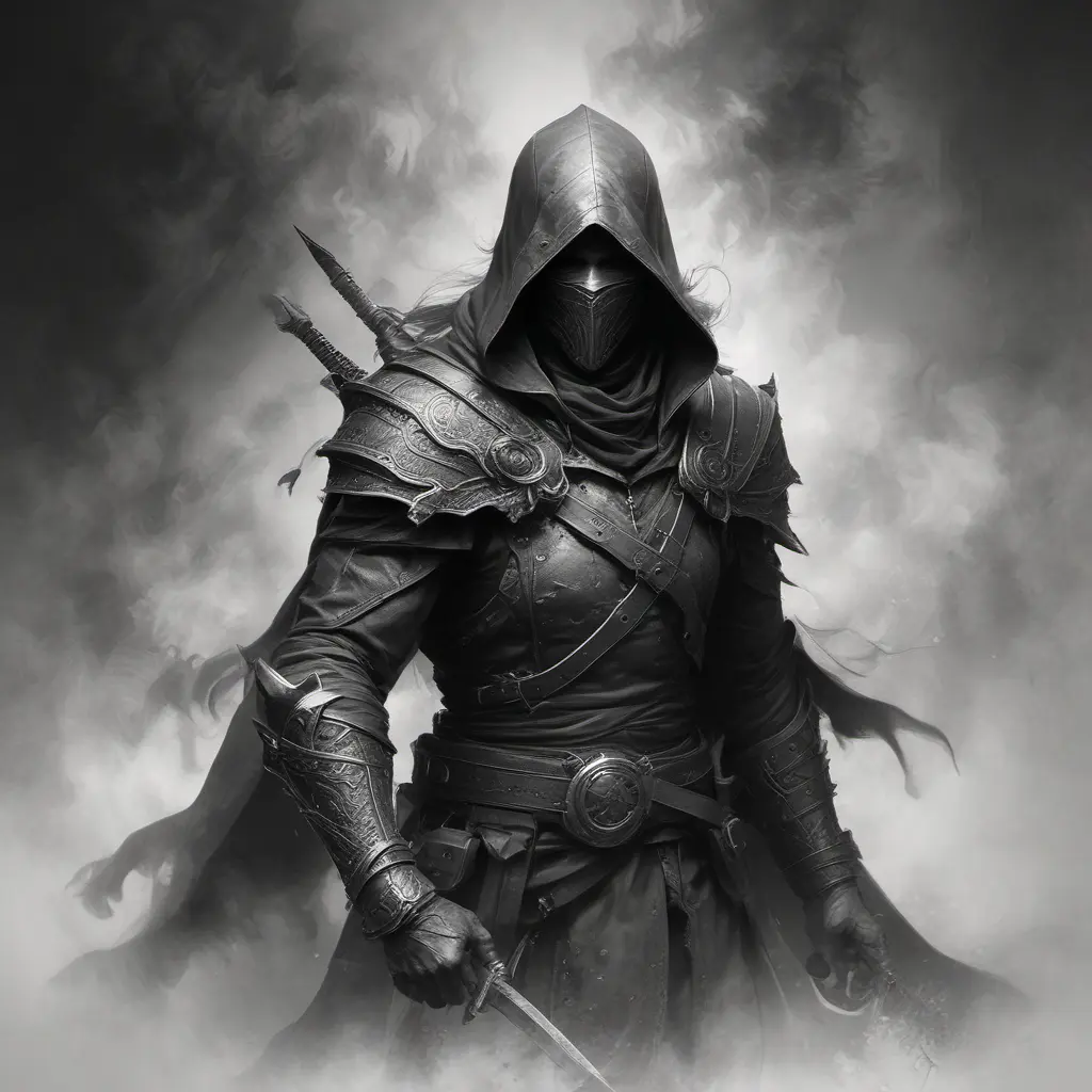 Assassin emerging from the fog of battle, Highly Detailed, Color Splash, Ink Art, Fantasy, Dark by Stanley Artgerm Lau