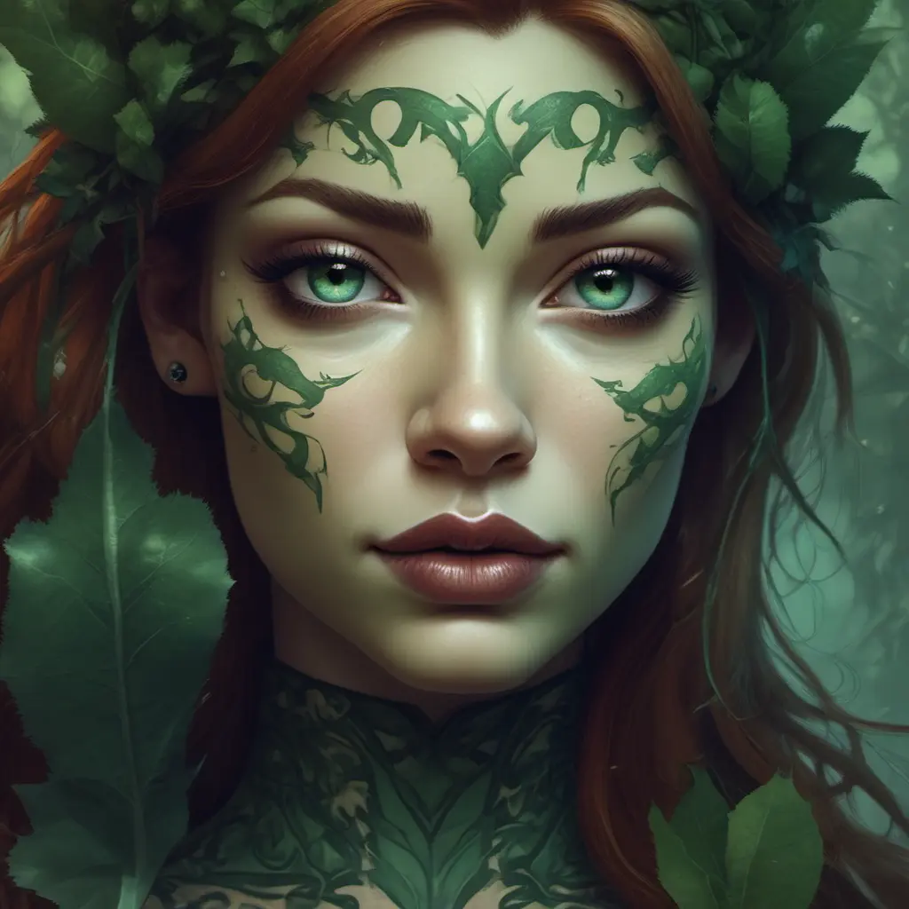 Closeup matte portrait of a tattooed Poison Ivy, symmetrical face, 8k, Highly Detailed, Intricate, Artstation, Matte Painting, Sharp Focus, Concept Art by Stanley Artgerm Lau, Greg Rutkowski