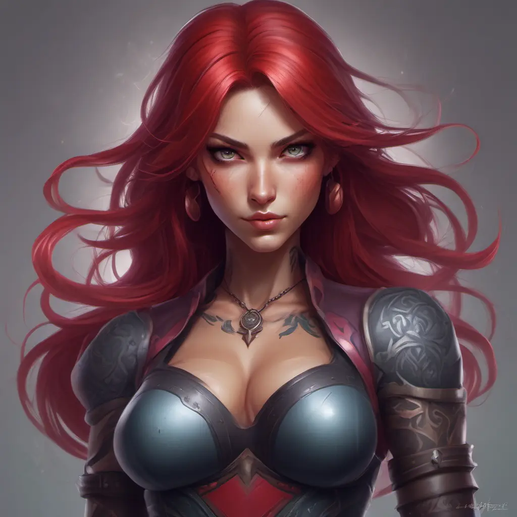 Matte portrait of Katarina from League of Legends with tattoos, 8k, Highly Detailed, Powerful, Alluring, Artstation, Magical, Digital Painting, Photo Realistic, Sharp Focus, Volumetric Lighting, Concept Art by Stanley Artgerm Lau, Alphonse Mucha, Greg Rutkowski