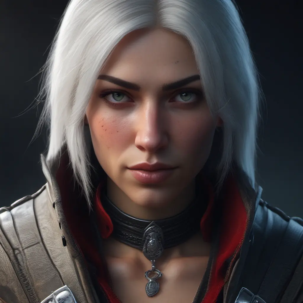 Alluring female rouge assassin in The Witcher 3 Style, 4k, Highly Detailed, Beautiful, Cinematic Lighting, Sharp Focus, Volumetric Lighting, Closeup Portrait, Concept Art