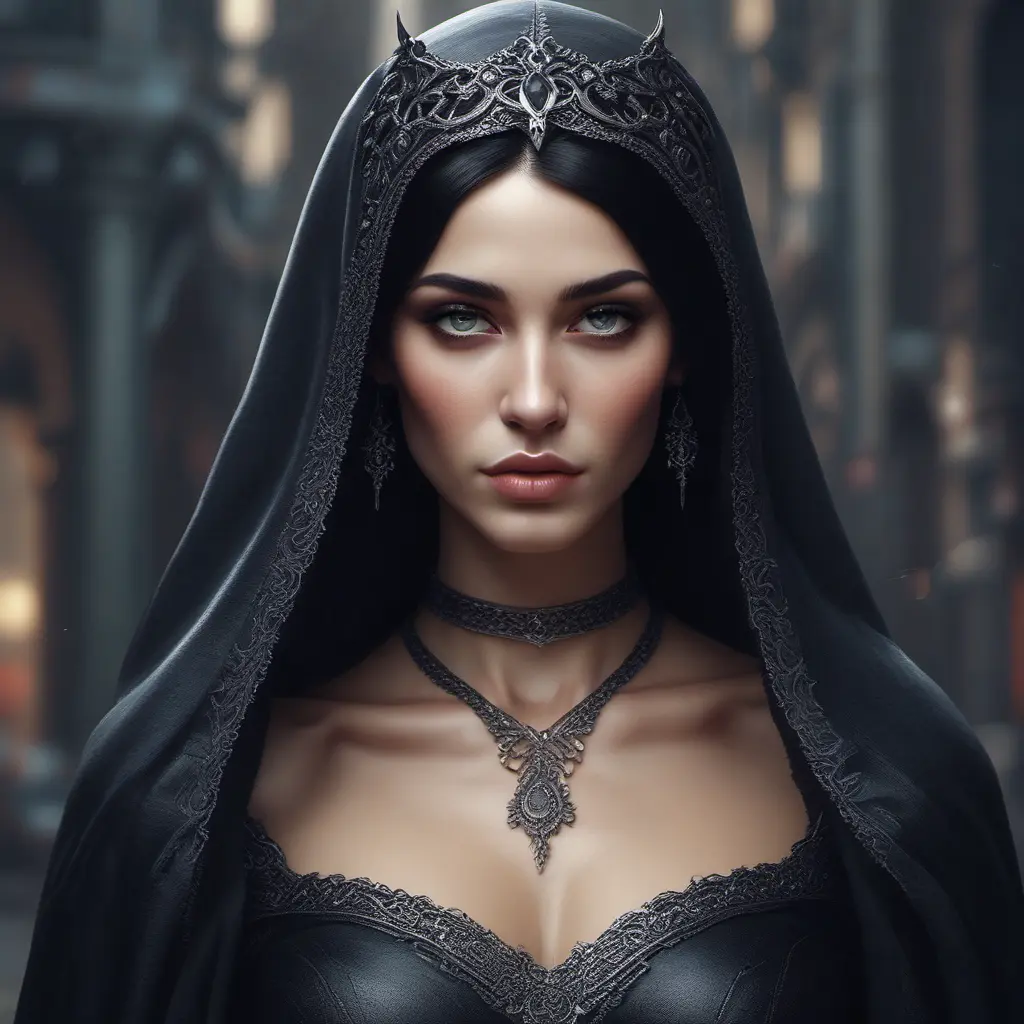 Alluring portrait of a beautiful raven black-haired veiled & caped vampire with sharp features and piercing eyes in the style of Stefan Kostic, 8k, High Definition, Highly Detailed, Intricate, Half Body, Realistic, Sharp Focus, Fantasy, Elegant