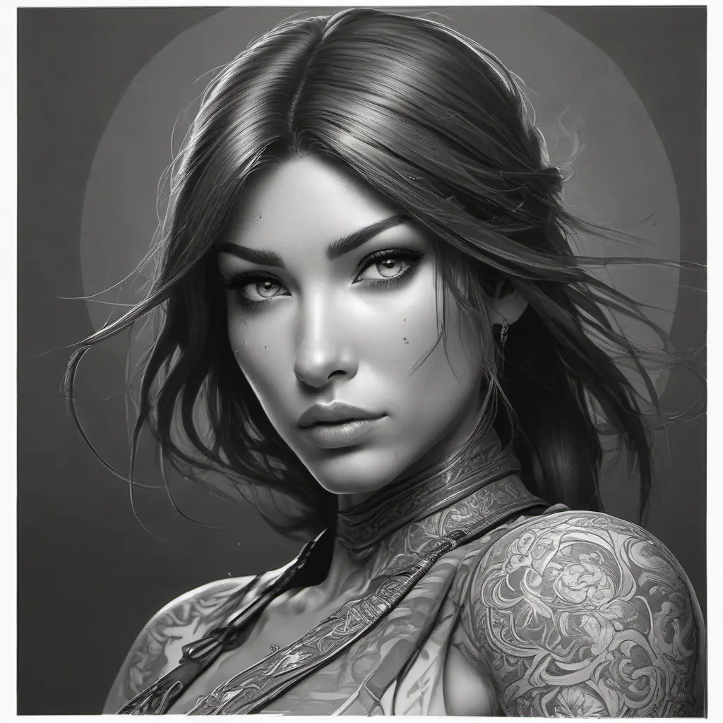 Grayscale matte portrait of a beautiful female ninja with tattoos, 4k, Highly Detailed, Powerful, Alluring, Artstation, Magical, Digital Painting, Photo Realistic, Sharp Focus, Volumetric Lighting, Concept Art by Stanley Artgerm Lau, Alphonse Mucha, Greg Rutkowski