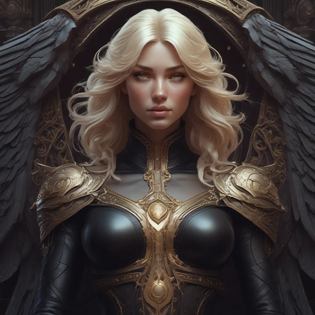 Alluring matte portrait of a beautiful Kayle wearing black leather, 8k, Highly Detailed, Intricate, Half Body, Realistic, Sharp Focus, Volumetric Lighting, Fantasy, Elegant by Stanley Artgerm Lau, Alphonse Mucha, WLOP