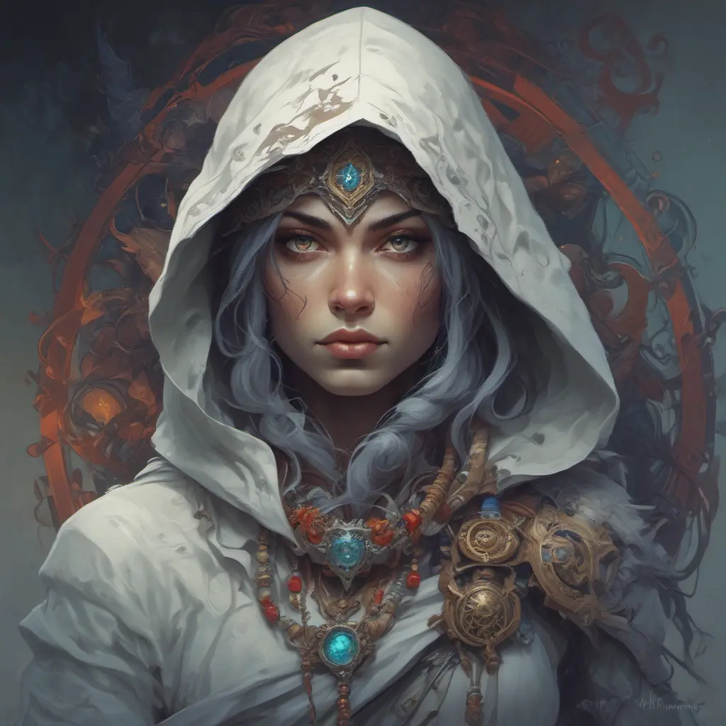 White hooded female assassin, Highly Detailed, Vibrant Colors, Ink Art, Fantasy, Dark by Peter Mohrbacher