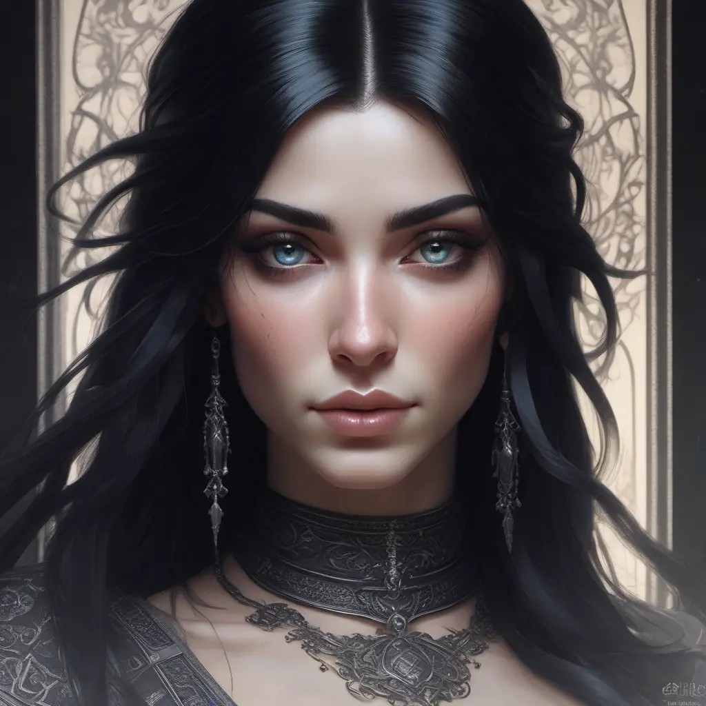 Alluring matte portrait of a beautiful veiled Yennefer in black with long straight black hair, 8k, Highly Detailed, Intricate, Half Body, Realistic, Sharp Focus, Volumetric Lighting, Fantasy, Elegant by Stanley Artgerm Lau, Alphonse Mucha, WLOP