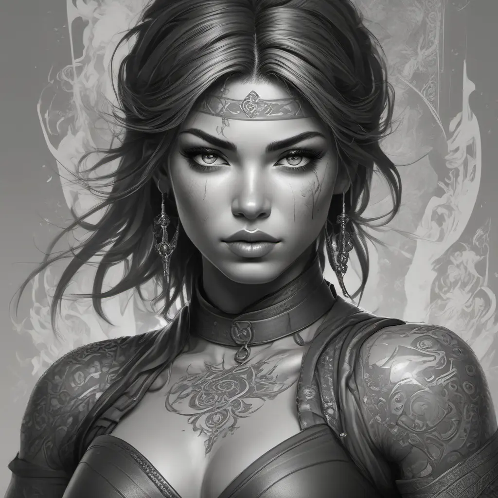 Grayscale matte portrait of a beautiful female ninja with tattoos, 4k, Highly Detailed, Powerful, Alluring, Artstation, Magical, Digital Painting, Photo Realistic, Sharp Focus, Volumetric Lighting, Concept Art by Stanley Artgerm Lau, Alphonse Mucha, Greg Rutkowski