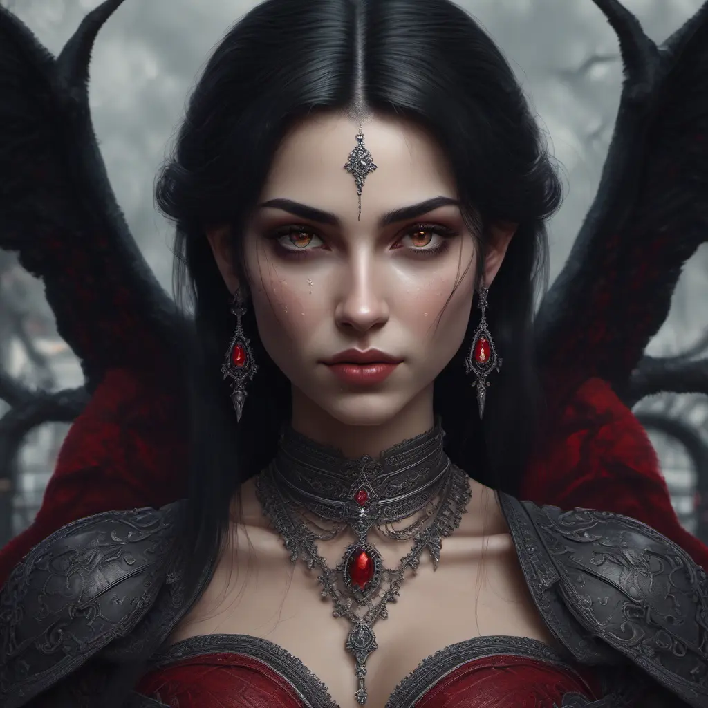 A beautiful romanian vampire woman with penetrating red bright eyes, long fangs, perfect face, 8k, Hyper Detailed, Intricate Details, Masterpiece, Contemporary, Full Body, Trending on Artstation, Gothic, Deviantart, Concept Art by Stefan Kostic