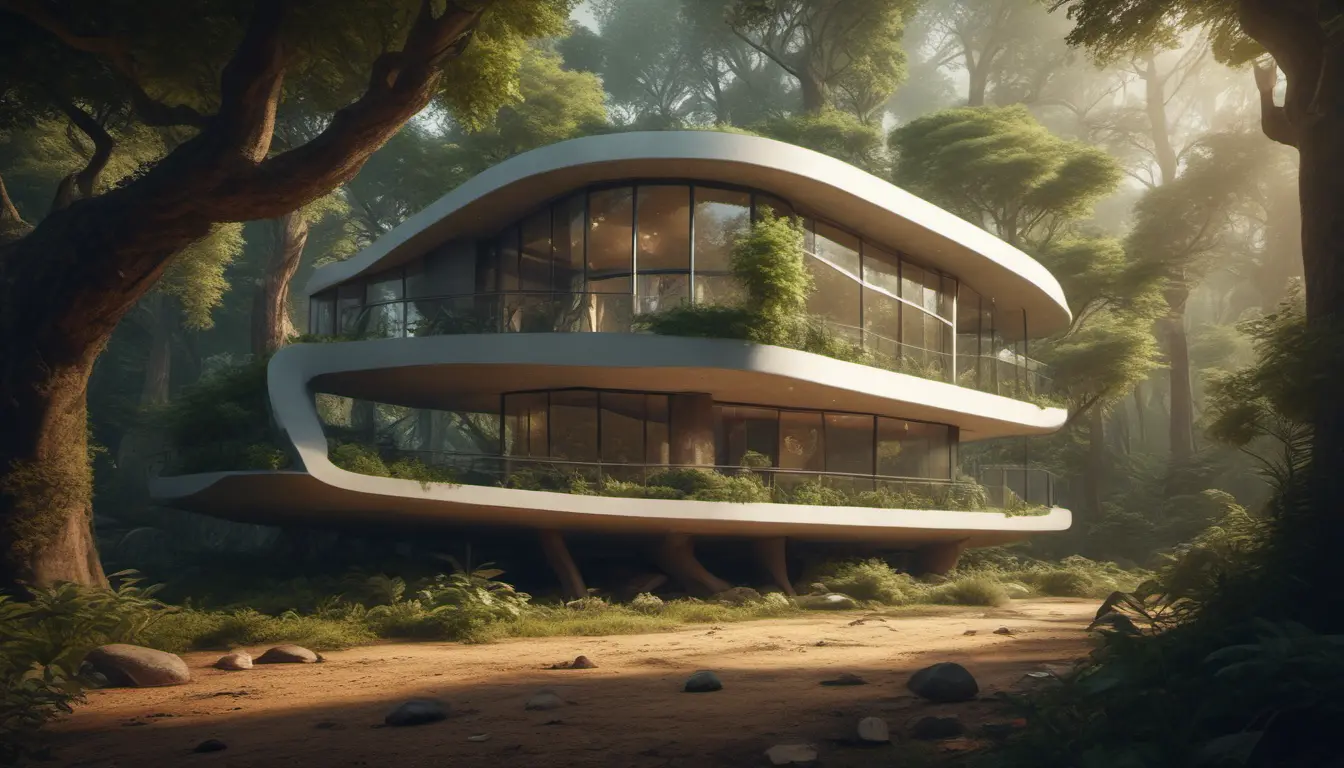 Beautiful futuristic organic house made from imaginary plants in a forest, 8k, Award-Winning, Highly Detailed, Beautiful, Epic, Octane Render, Unreal Engine, Radiant, Volumetric Lighting by Greg Rutkowski