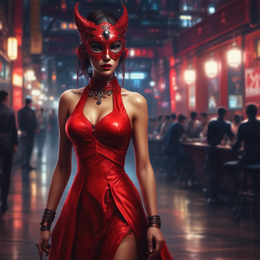 Asian cyberpunk feme fatale in expensive red dress with mask at a masquerade ball smart but dangerous in a high-tech club., Oil on Canvas, Photo Realistic