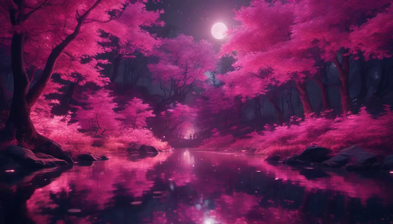 A magical pond in a fantasy forest with glowing pink trees at night, 4k, HQ, Intricate, Masterpiece, Artstation, Cinematic Lighting, Photo Realistic, Sharp Focus, Unreal Engine, Dark