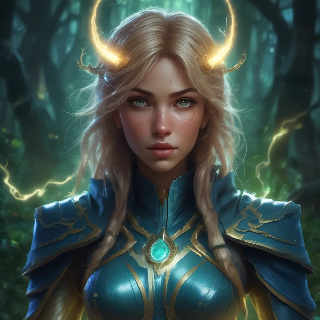 Closeup of a beautiful lightning mage in a magical forest, 4k, Highly Detailed, Masterpiece, Pretty Face, Digital Illustration, Cinematic Lighting, Realistic, Sharp Focus, Centered, Beautifully Lit, Bioluminescent by Stanley Artgerm Lau