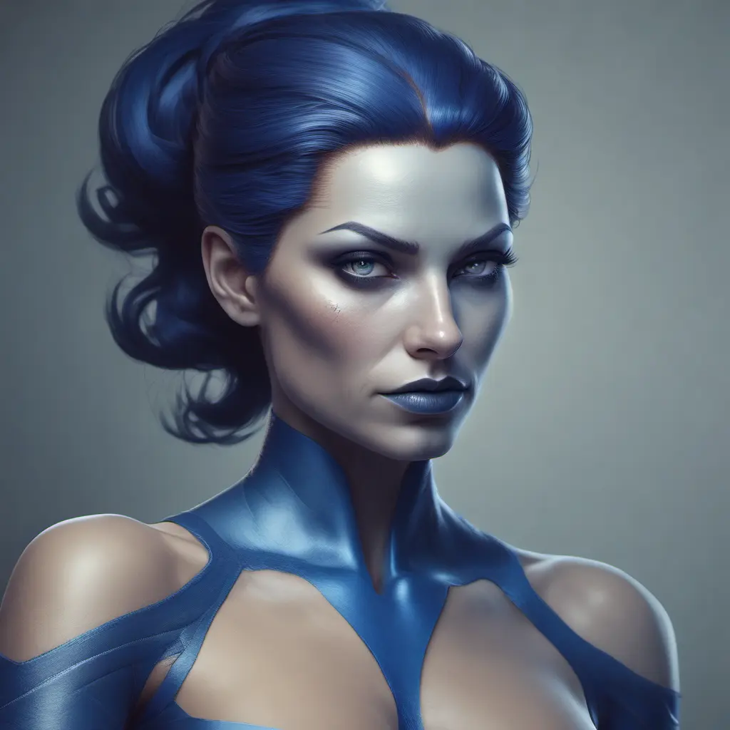 Alluring matte portrait of a beautiful Mystique from Xmen in the style of Stefan Kostic, 8k, Highly Detailed, Intricate, Half Body, Realistic, Sharp Focus, Volumetric Lighting, Fantasy, Elegant by Stanley Artgerm Lau, Greg Rutkowski