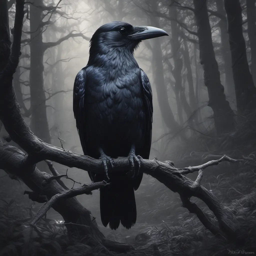 Raven in a haunted forest, Highly Detailed, Intricate, Gothic and Fantasy, Gothic, Volumetric Lighting, Fantasy, Dark by Stanley Artgerm Lau