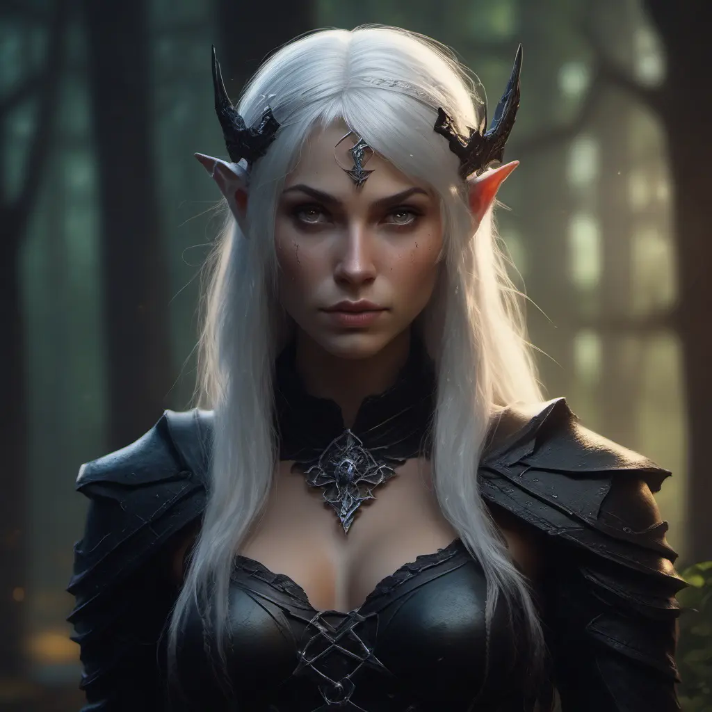 Dungeons and dragons forest elf character full body portrait, white skin, dark gothic black armor, wearing a black veil, dramatic light, dungeon background, 8k, Gothic and Fantasy, Elden Ring, Photo Realistic, Dynamic Lighting by Stanley Artgerm Lau, Greg Rutkowski