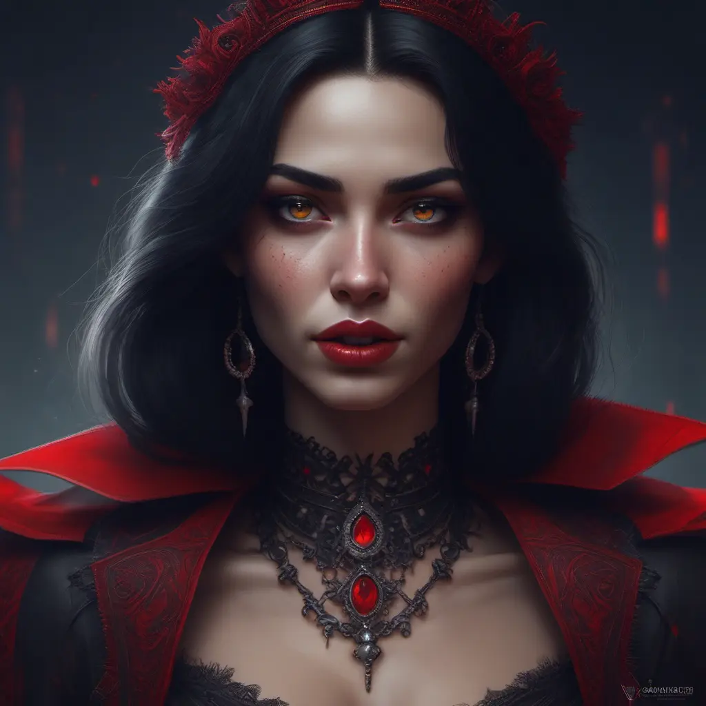 A beautiful romanian vampire woman with penetrating red bright eyes, long fangs, perfect face, 8k, Hyper Detailed, Intricate Details, Masterpiece, Contemporary, Full Body, Trending on Artstation, Gothic, Deviantart, Concept Art by WLOP